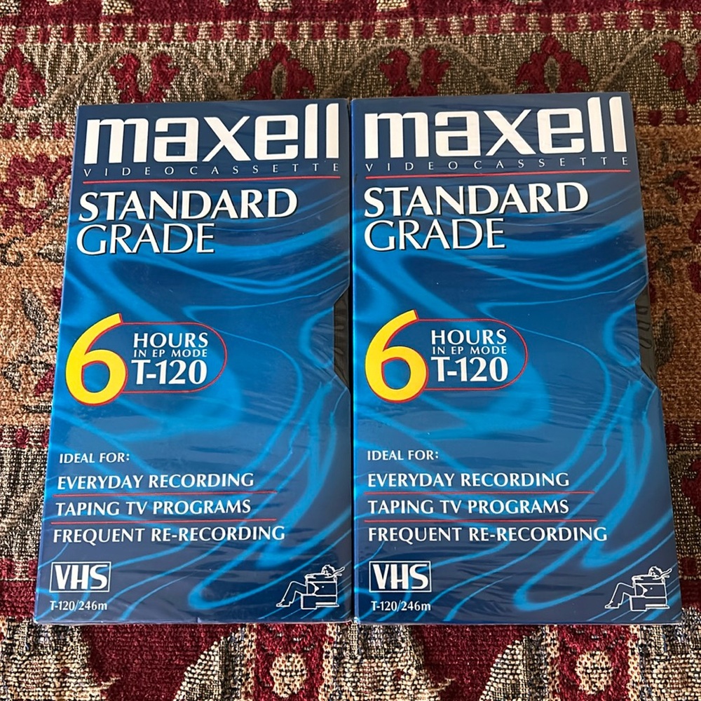 TWO Maxell VHS T-120 6 Hour Standard Grade VCR Blank Video Tapes New SEALED